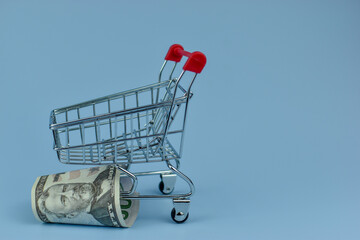 Mini shopping cart holds crumpled bills © Nazir