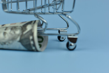 Mini shopping cart holds crumpled bills © Nazir