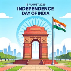 Obraz premium Artistic illustration featuring the majestic India gate monument with the national flag waving proudly during the vibrant celebration of Indian independence day in New Delhi city