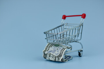 Mini shopping cart holds crumpled bills © Nazir