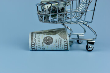 Mini shopping cart holds crumpled bills © Nazir