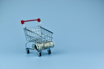 Mini shopping cart beside crumpled dollar bill © Nazir