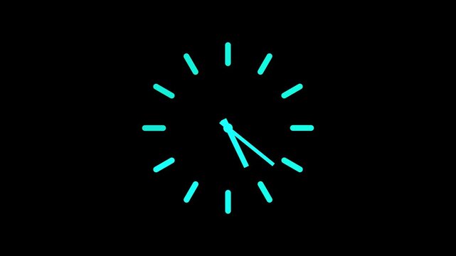 Minimal Analog Clock Animation with Rotating Hour and Minute Hands on Black Background, Modern Time Concept Motion Graphic, Bright Clock Face, Seamless Loop for Countdown, and 4K Video Background.