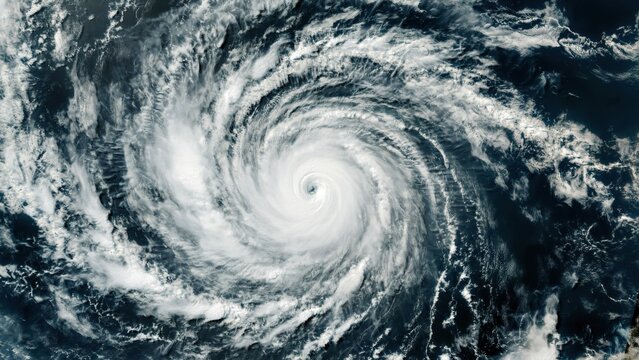 Massive swirling tropical cyclone with a defined eye viewed from high above in outer space