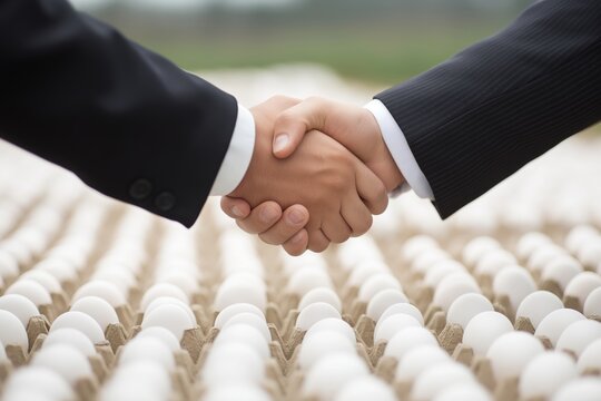 Business handshake over rows of white eggs, symbolizing partnership, agreement, and collaboration within the poultry or food production industry, highlighting trust and commercial cooperation.