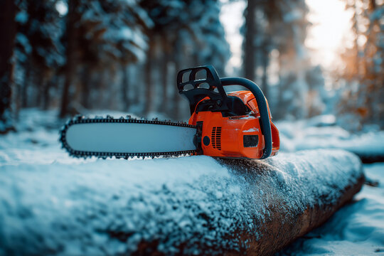 Close-up of chainsaw cutting through wooden logs with flying sawdust and sparks, capturing dynamic woodcutting action during timber processing in an outdoor work environment.