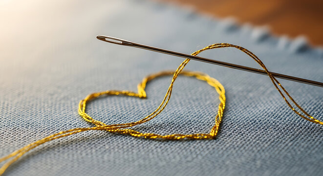Needle with golden thread forming a heart shape on blue fabric, highlighting handmade sewing, love concept, and creative embroidery craftsmanship