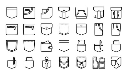 Pocket outline icon set with shirt jeans jacket clothing sewing and garment editable stroke vector symbols © Sagor