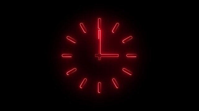 Red Neon Analog Clock Animation with Glowing Hour and Minute Hands on Black Background, Futuristic Time Concept Motion Graphic, Seamless Loop for Technology, Broadcast and 4K Visual Effects.
