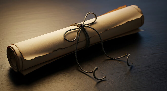 A rolled-up parchment scroll tied with twine, casting a dramatic shadow on a dark surface, evoking history and mystery