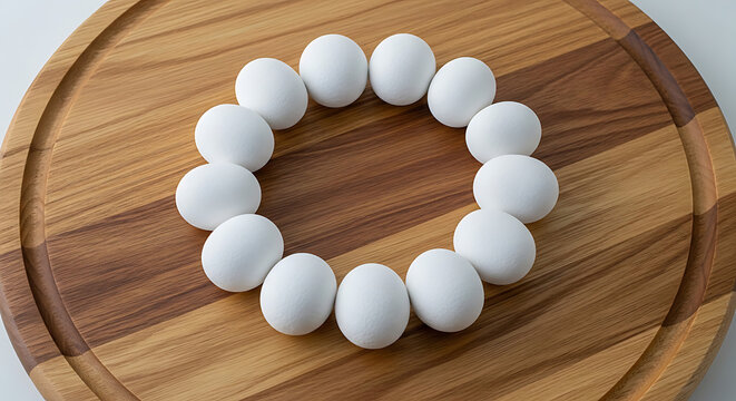 A perfect circle of thirteen fresh white eggs meticulously arranged on a warm, natural wooden cutting board, highlighting organic farm produce and essential ingredients for healthy cooking