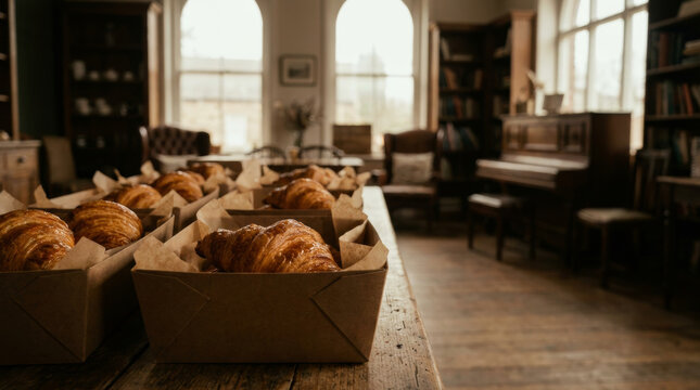 Artisanal croissants in rustic boxes on a wooden table, cozy library interior with books and piano