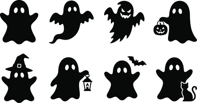 Cute Halloween Ghost Character Silhouette Collection, Spooky Cartoon Ghost Icons Bundle, Black Halloween Vector Set