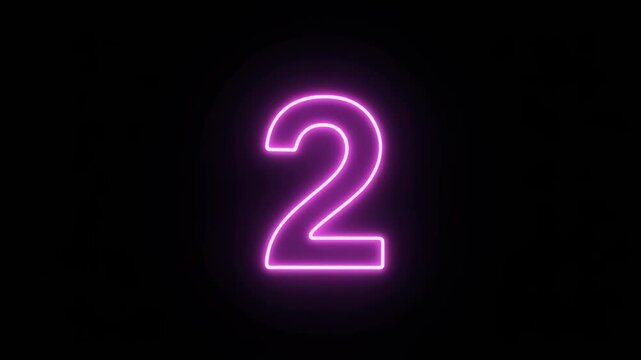 Purple neon number two glowing against black background with subtle camera zoom