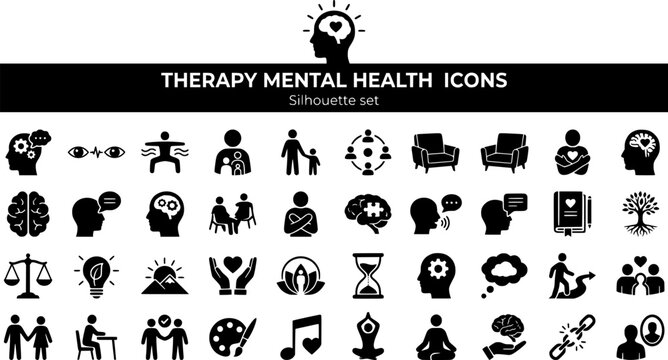 Therapy Mental Health Modality Icon Silhouette Set Black White Wellness Bundle Vector Illustration