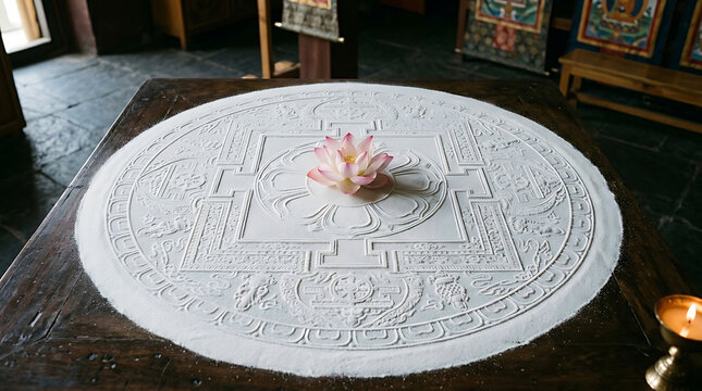 Buddhist Ritual White Mandala Pattern and Pink Lotus Flower on Wooden Table in Temple Setting