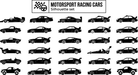 Fototapeta premium Motorsport Racing Car Silhouette Set Black White Speed Bundle Vector Illustration Isolated White Background