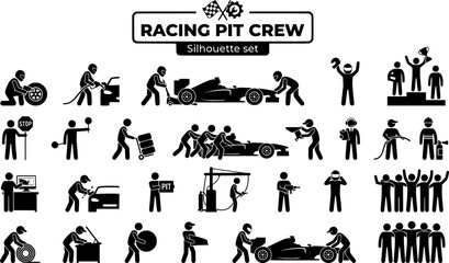 Fototapeta premium Racing Driver Pit Crew Silhouette Set Black White Motorsport Bundle Vector Illustration Isolated White Background