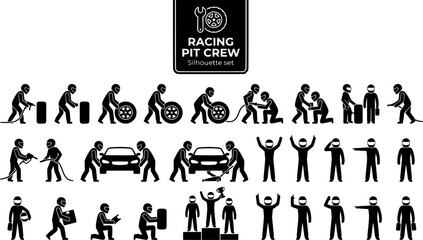 Fototapeta premium Racing Driver Pit Crew Silhouette Set Black White Motorsport Bundle Vector Illustration Isolated White Background