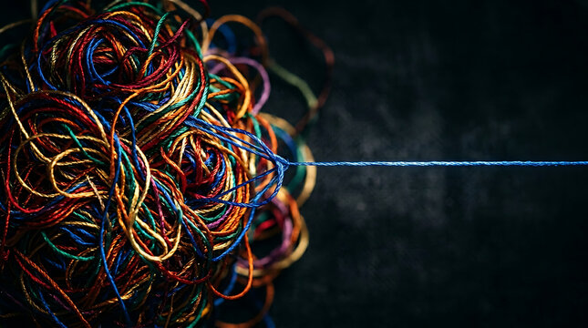 From Chaos to Clarity A vibrant, intricate knot of tangled threads contrasted with a single, straightened blue line, illustrating problem-solving and finding direction amidst complexity