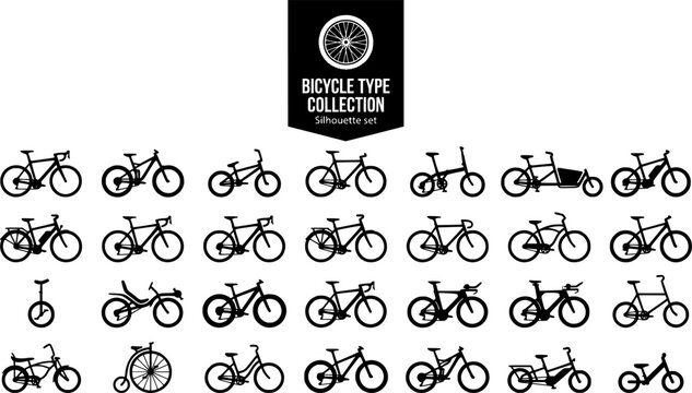 Bicycle Type Collection Silhouette Set Black White Transport Bundle Vector Illustration Isolated White Background