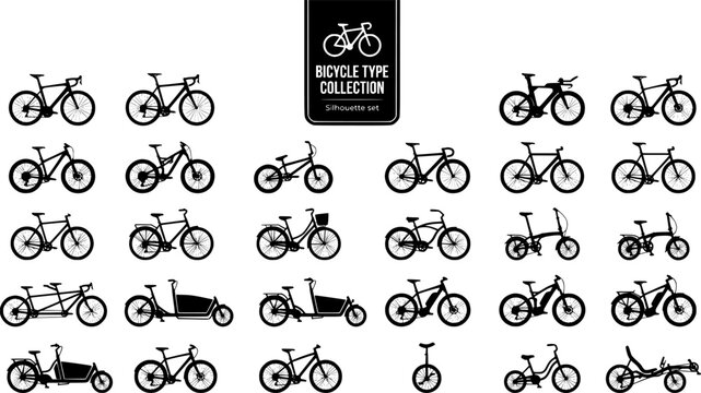 Bicycle Type Collection Silhouette Set Black White Transport Bundle Vector Illustration Isolated White Background