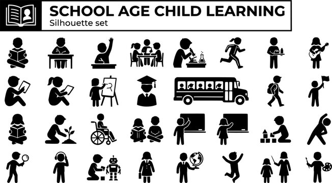 School Age Child Learning Silhouette Set Black White Education Bundle Vector Illustration Isolated White Background