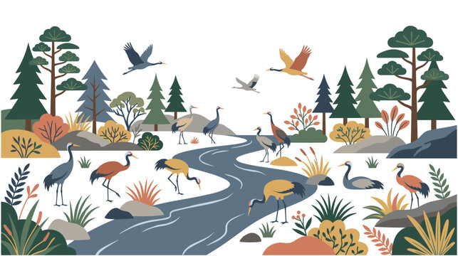 Colorful cranes standing by river in snowy forest scene.