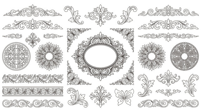 Intricate black line art scrolls for vintage patterns.