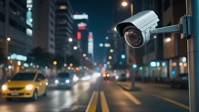 Security camera monitoring city street traffic at night with motion blur and bokeh lights