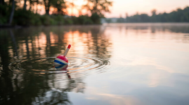 Brightly colored fishing bobber floats on calm lake at sunrise, creating gentle ripples and reflections, evoking peace and recreation