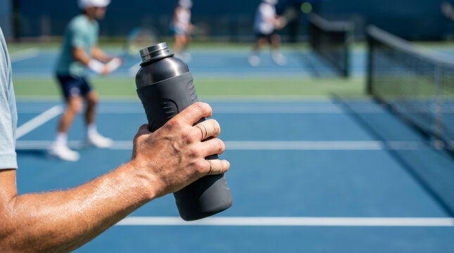 Close-up of sweaty tennis player's hand holding a dark water bottle on blue court, athletes training in background