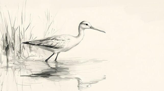 Pencil illustration of wild white shorebird in shallow water wallpaper