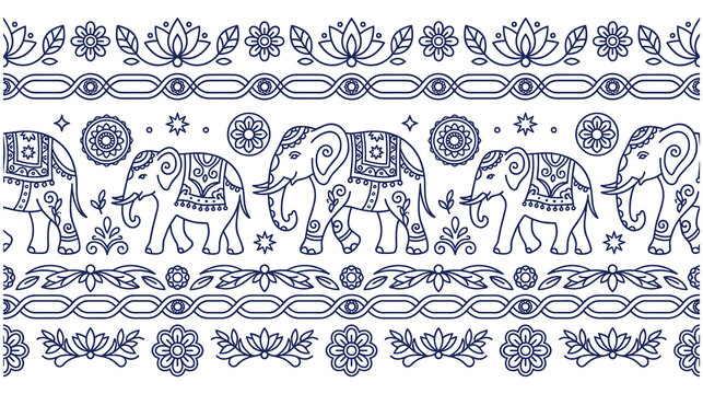 Indian elephant and lotus flower seamless border art.