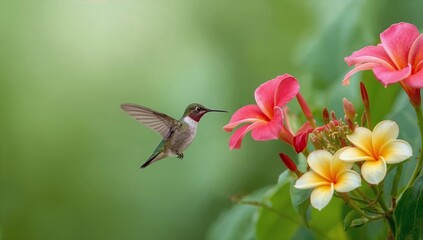 Fototapeta premium Bird Hovers Near Pink and Yellow Flowers in a Garden During the Day