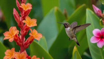 Fototapeta premium Bird Hovers Near Pink and Yellow Flowers in a Garden During the Day
