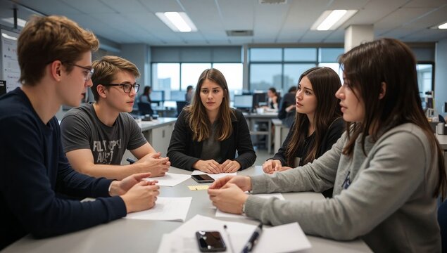Students Work Together on a Project Using Tablets and Glassware in a Classroom Setting