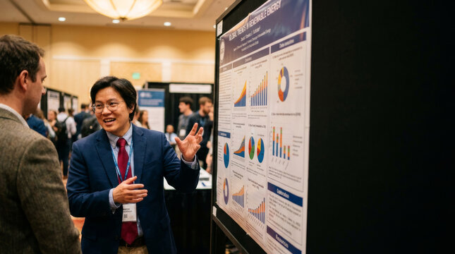 Academic researcher enthusiastically explaining scientific data on poster board to colleague at conference