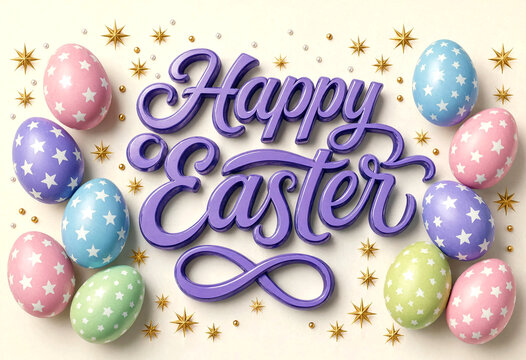 Colorful easter eggs with decorative stars and happy easter text in elegant script design