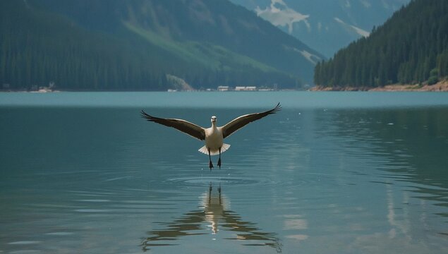 Bird is Flying Over a Lake With Mountains and Trees in the Background During the Day