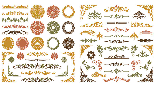 Vintage floral decorative set with borders and frames.
