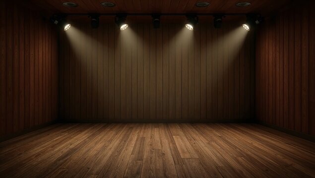 Stage Area With Wooden Floor and Spotlights Shining in a Warm Light