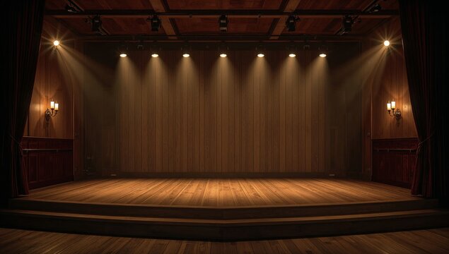 Stage Area With Wooden Floor and Spotlights Shining in a Warm Light
