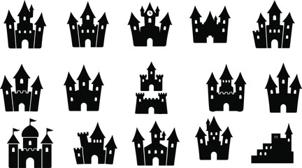 black silhouettes of various medieval castles on white background for design © MD Din Islam