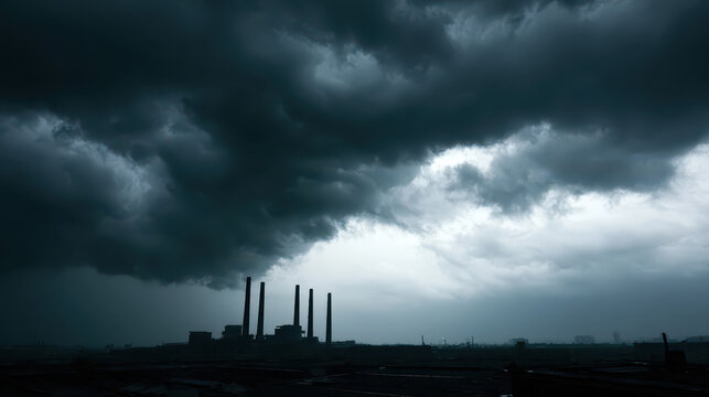Stormy Industrial Complex Silhouettes: Dark, foreboding clouds over a factory, evoking a sense of impending doom.