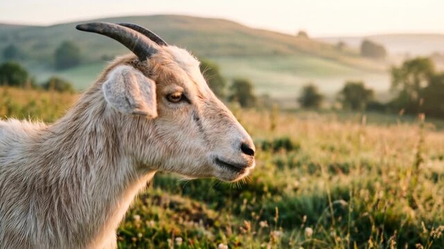goat close up in swiss alps countryside morning light video