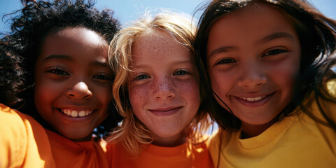 Obraz premium Three Smiling Children in Bright Shirts Under Blue Sky, Perfect for Family and Joyful Campaigns.
