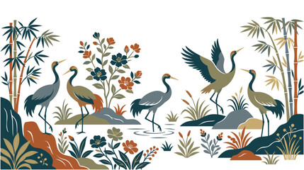 Obraz premium Oriental landscape painting with cranes bamboo flowers.
