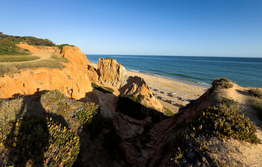 Fototapeta premium Landscape from the sky of the beaches of the Algarve Quarteira Vilamoura. Stock Photo