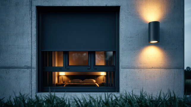 Dusk at home: Cozy bedroom glow through textured grey wall, roller shutter, and warm sconce lighting.